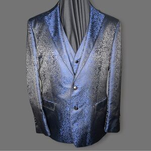 Men’s Tallia Dress Coat and Vest. Metallic Blue and Black. Size XL